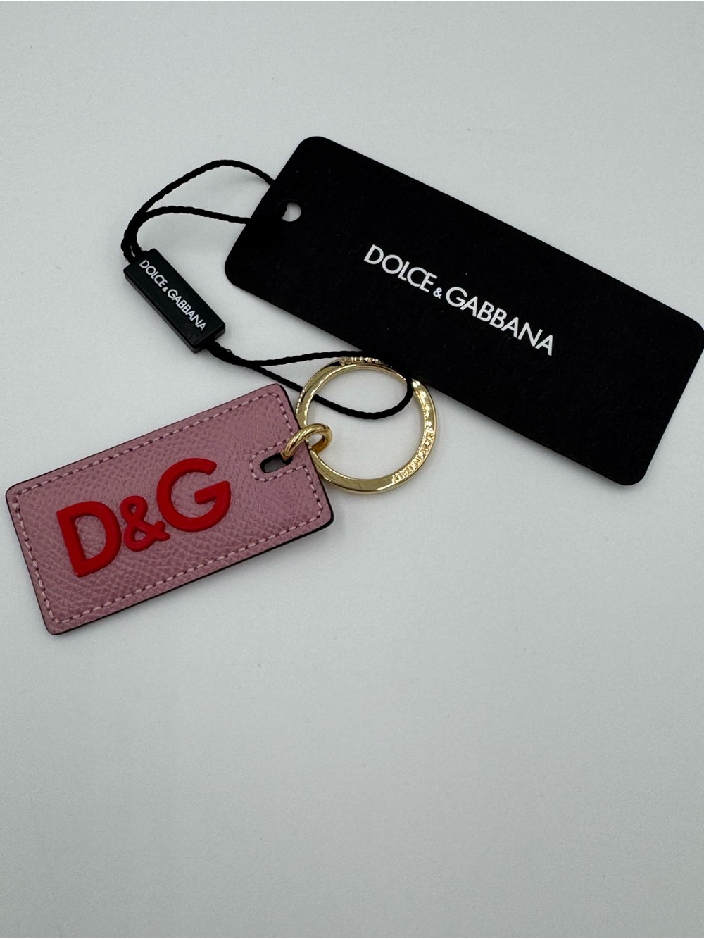 D&G Pink Leather Tag Keyring with Red Logo and Gold Ring NWT